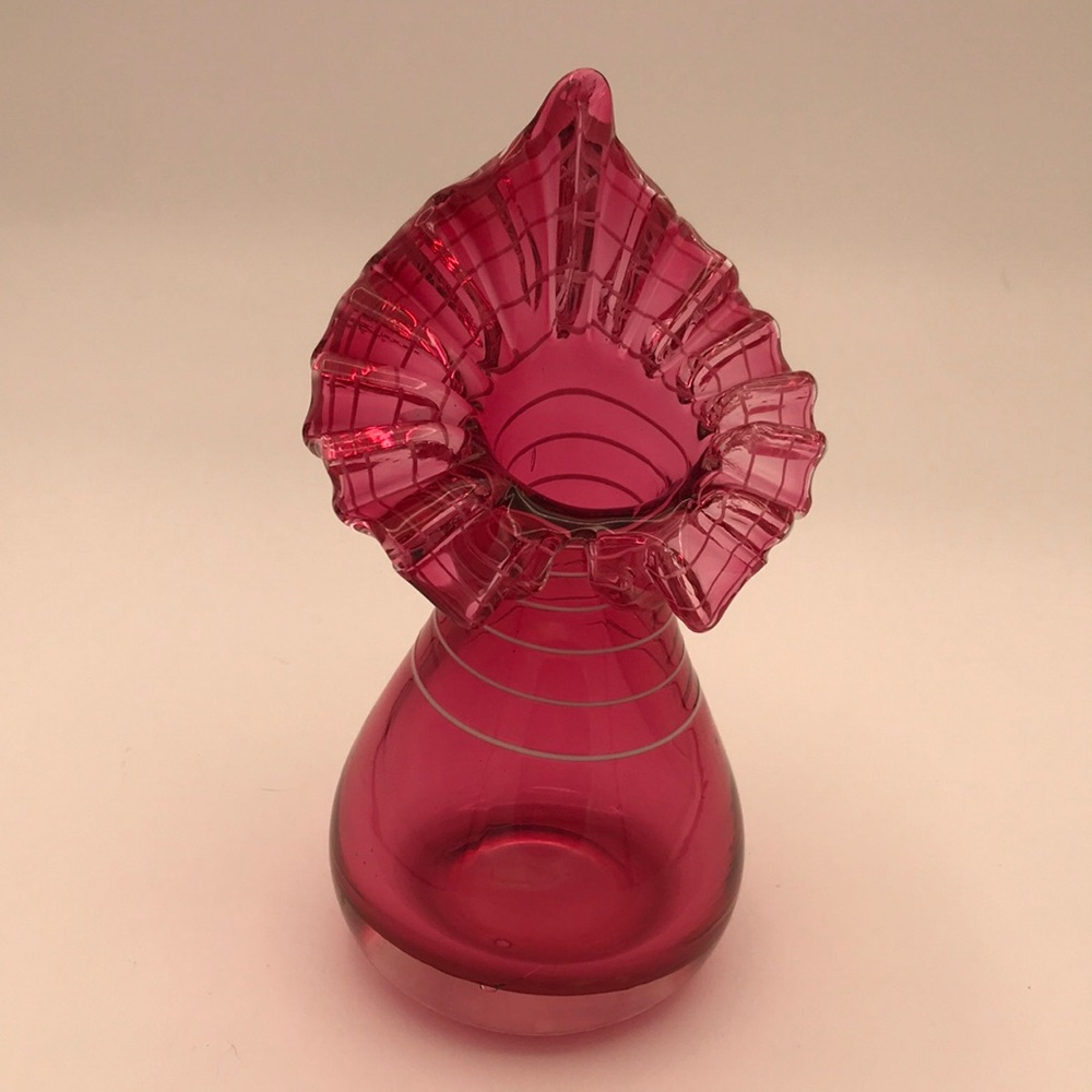 VTG Blown Cranberry‎ Glass Jack in the Pulpit Vase w/ Applied White Striping